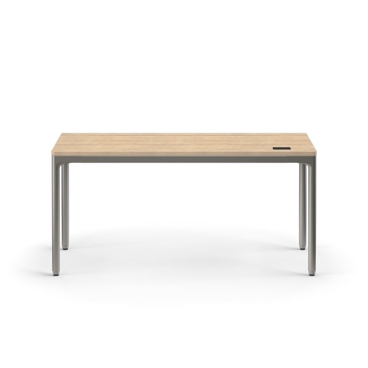 Front view of the Humanscale eFloat Quattro height adjustable 23"x58" desk with gray base and white oak top. Kansas City Office Design.