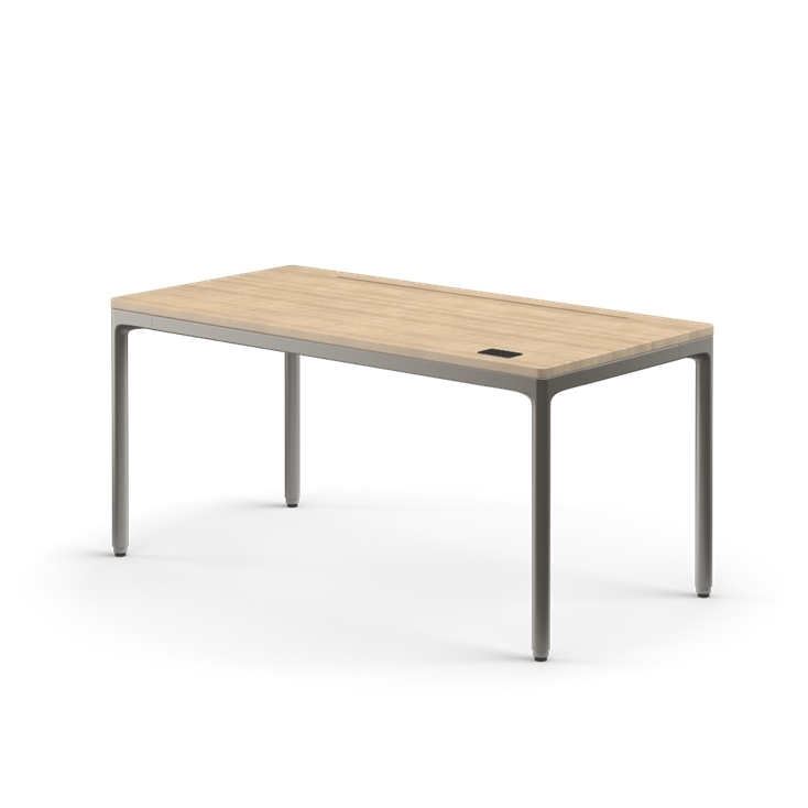 Side view of the Humanscale eFloat Quattro height adjustable 29"x58" desk with gray base and white oak top. Kansas City Office Design.