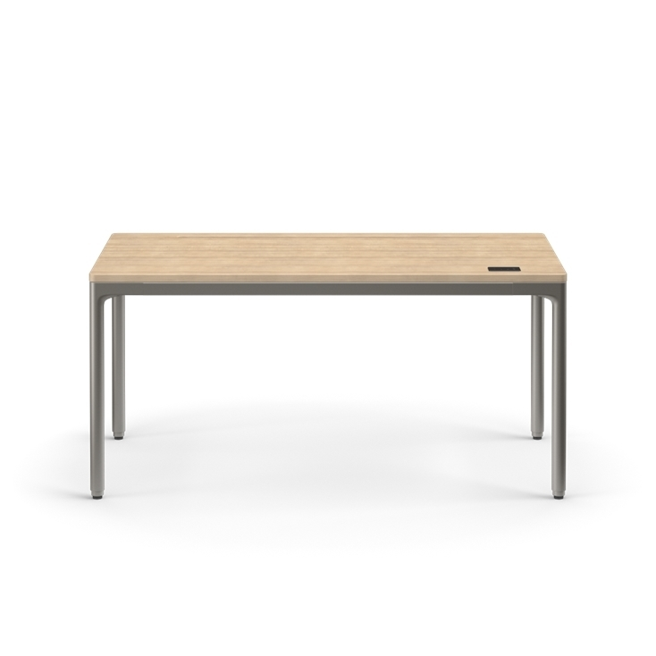 Front view of the Humanscale eFloat Quattro height adjustable 29"x58" desk with gray base and white oak top. Kansas City Office Design.