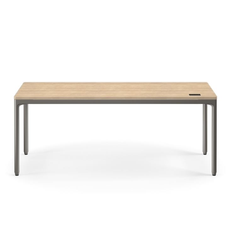 Front view of the Humanscale eFloat Quattro height adjustable 29"x70" desk with gray base and white oak top. Kansas City Office Design.