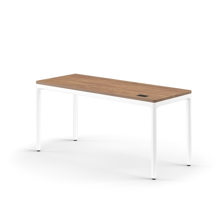 Side view of the Humanscale eFloat Quattro height adjustable 23"x58" desk with white base and walnut top. Kansas City Office Design.