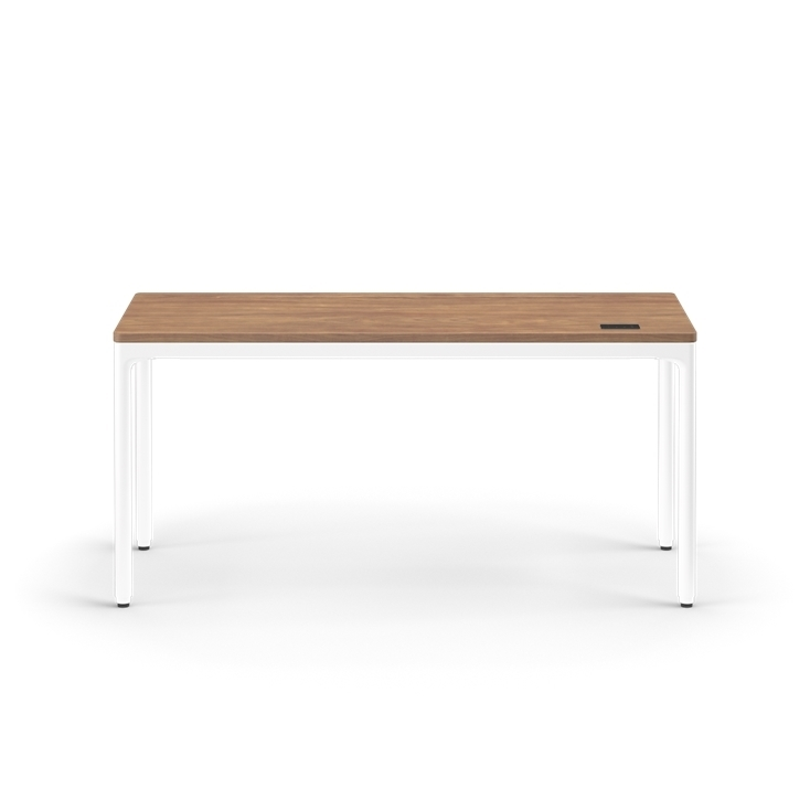 Front view of the Humanscale eFloat Quattro height adjustable 23"x58" desk with white base and walnut top. Kansas City Office Design.