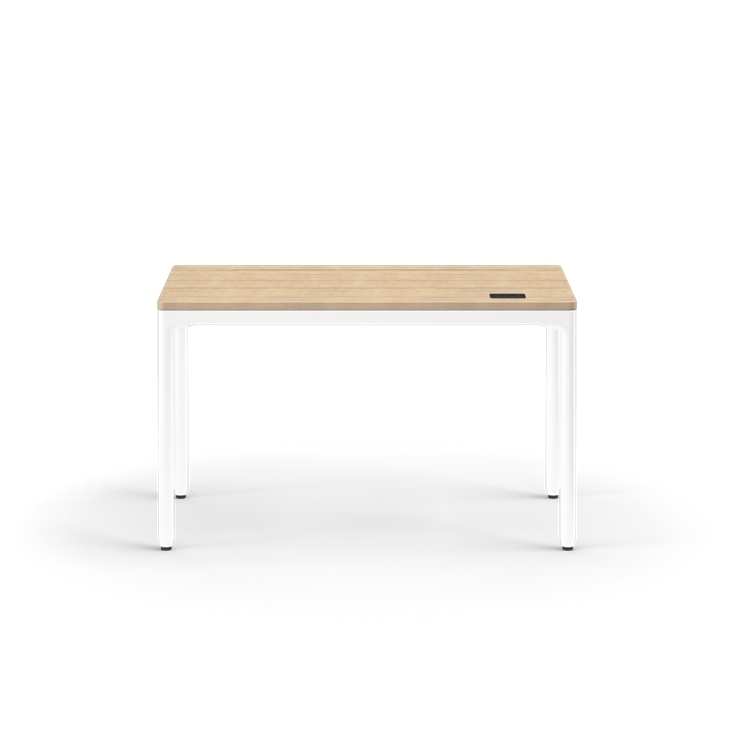 Front view of the Humanscale eFloat Quattro height adjustable 23"x46" desk with white base and white oak top. Kansas City Office Design.