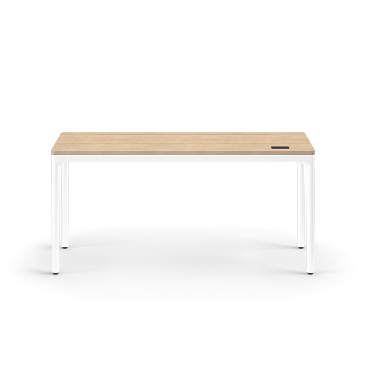 Front view of the Humanscale eFloat Quattro height adjustable 23"x58" desk with white base and white oak top. Kansas City Office Design.