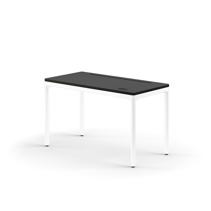 Side view of the Humanscale eFloat Quattro height adjustable 23"x46" desk with white base and black top. Kansas City Office Design.