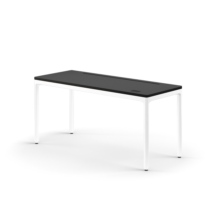 Side view of the Humanscale eFloat Quattro height adjustable 23"x58" desk with white base and black top. Kansas City Office Design.