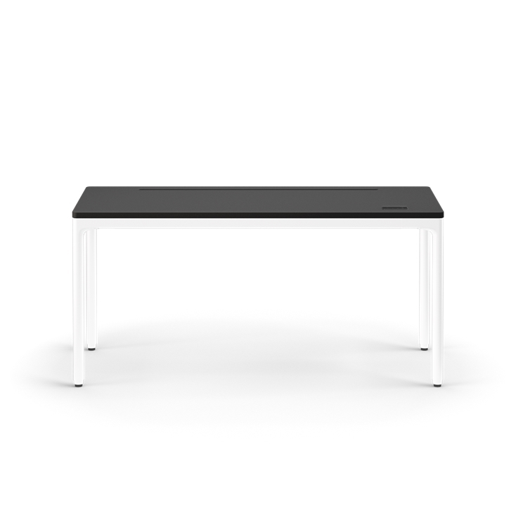 Front view of the Humanscale eFloat Quattro height adjustable 23"x58" desk with white base and black top. Kansas City Office Design.