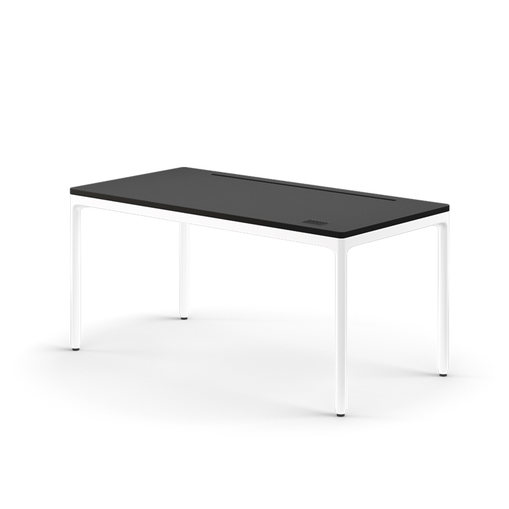 Side view of the Humanscale eFloat Quattro height adjustable 29"x58" desk with white base and black top. Kansas City Office Design.