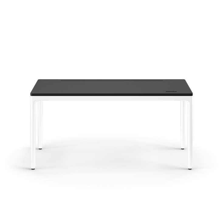 Front view of the Humanscale eFloat Quattro height adjustable 29"x58" desk with white base and black top. Kansas City Office Design.