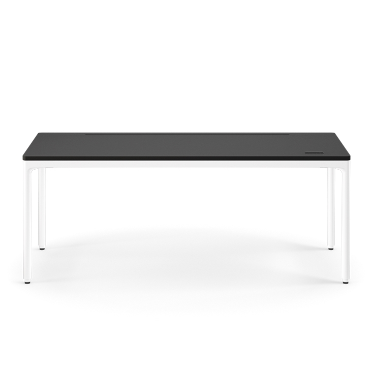 Front view of the Humanscale eFloat Quattro height adjustable 29"x70" desk with white base and black top. Kansas City Office Design.