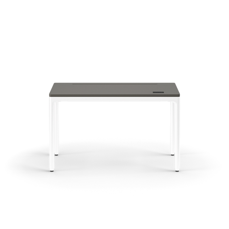 Front view of the Humanscale eFloat Quattro height adjustable 23"x46" desk with white base and gray top. Kansas City Office Design.