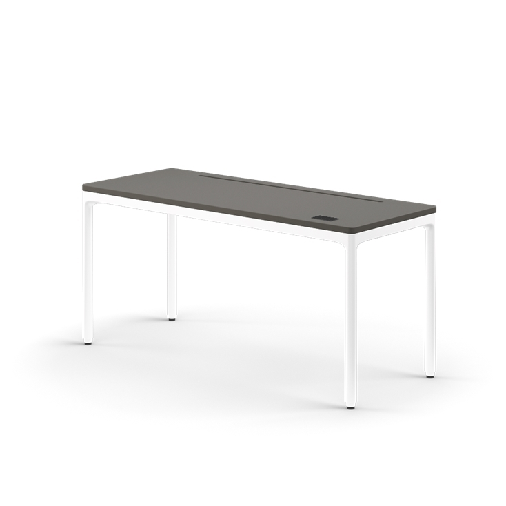 Side view of the Humanscale eFloat Quattro height adjustable 23"x58" desk with white base and gray top. Kansas City Office Design.