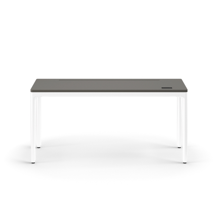 Front view of the Humanscale eFloat Quattro height adjustable 23"x58" desk with white base and gray top. Kansas City Office Design.