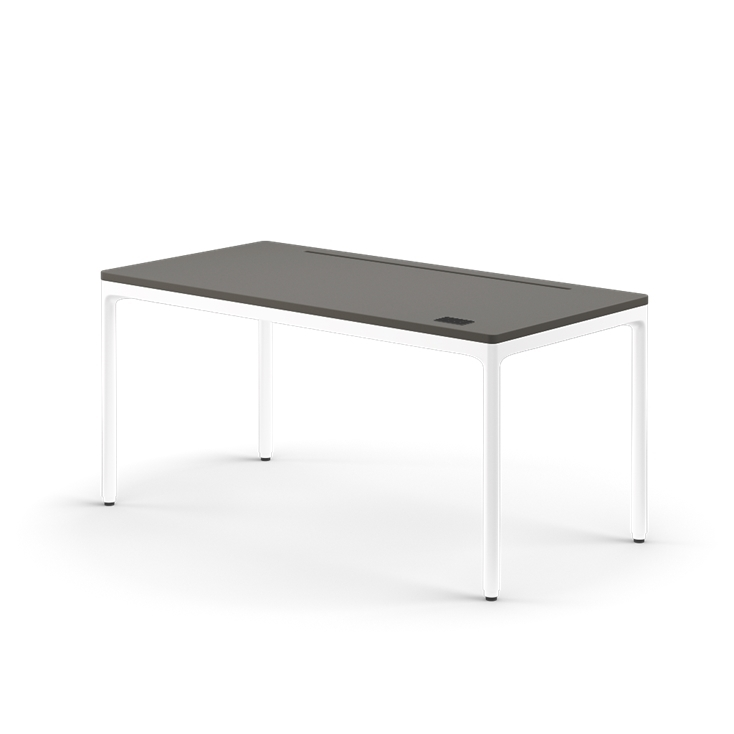 Side view of the Humanscale eFloat Quattro height adjustable 29"x58" desk with white base and gray top. Kansas City Office Design.