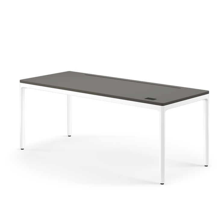 Side view of the Humanscale eFloat Quattro height adjustable 29"x70" desk with white base and gray top. Kansas City Office Design.