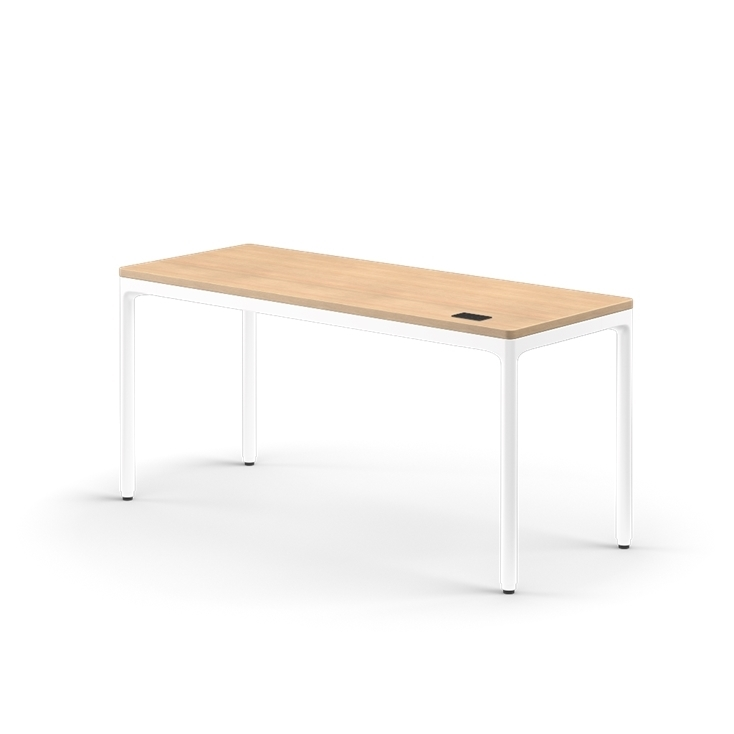 Side view of the Humanscale eFloat Quattro height adjustable 23"x58" desk with white base and rift oak top. Kansas City Office Design.