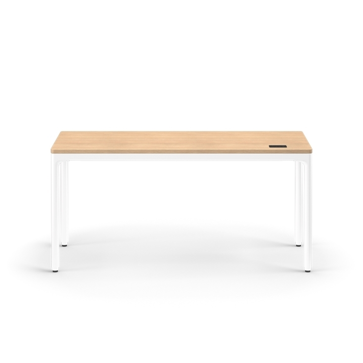 Front view of the Humanscale eFloat Quattro height adjustable 23"x58" desk with white base and rift oak top. Kansas City Office Design.