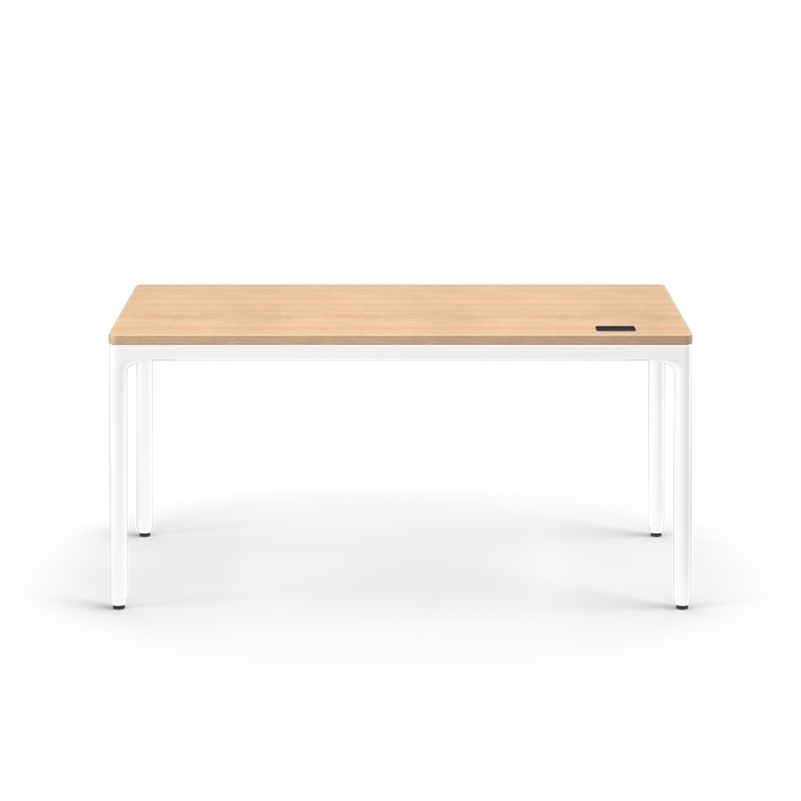 Front view of the Humanscale eFloat Quattro height adjustable 29"x58" desk with white base and rift oak top. Kansas City Office Design.