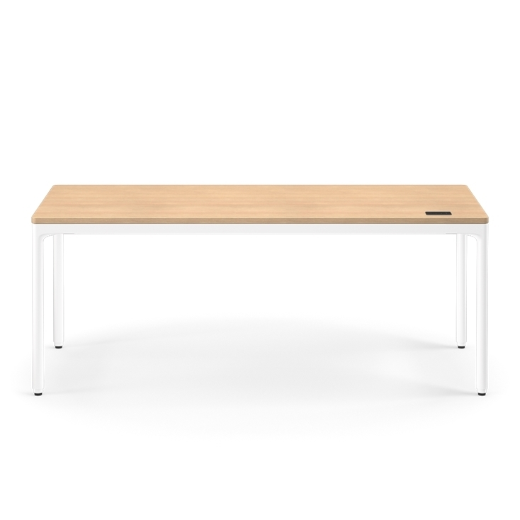 Front view of the Humanscale eFloat Quattro height adjustable 29"x70" desk with white base and rift oak top. Kansas City Office Design.