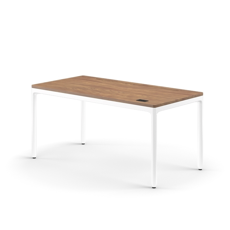 Side view of the Humanscale eFloat Quattro height adjustable 29"x58" desk with white base and walnut top. Kansas City Office Design.