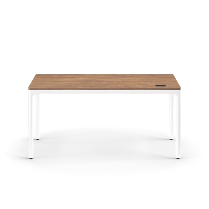 Front view of the Humanscale eFloat Quattro height adjustable 29"x58" desk with white base and walnut top. Kansas City Office Design.