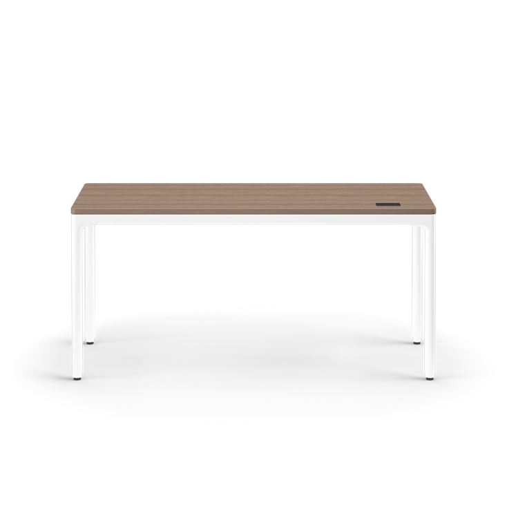 Front view of the Humanscale eFloat Quattro height adjustable 23"x58" desk with white base and walnut top. Kansas City Office Design.