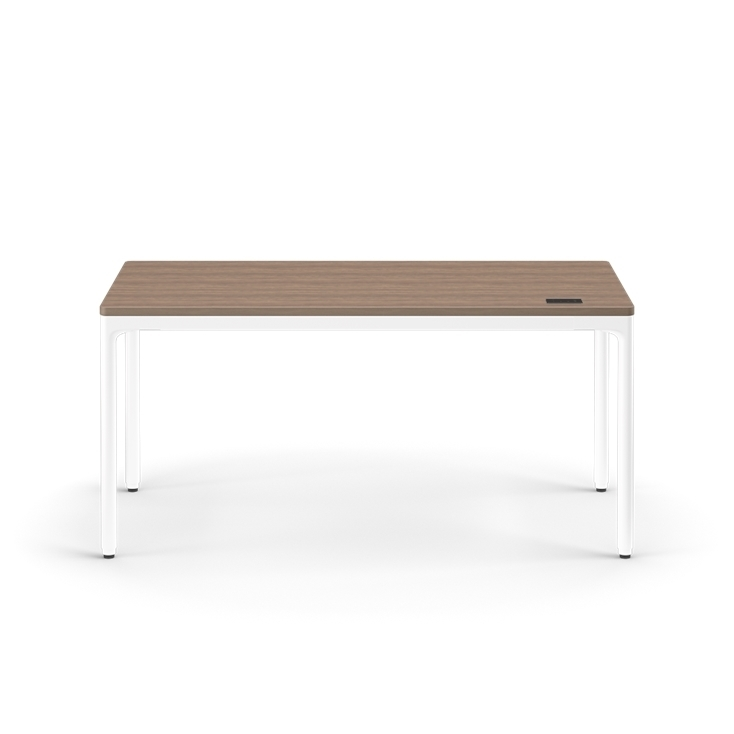 Front view of the Humanscale eFloat Quattro height adjustable 29"x58" desk with white base and walnut top. Kansas City Office Design.