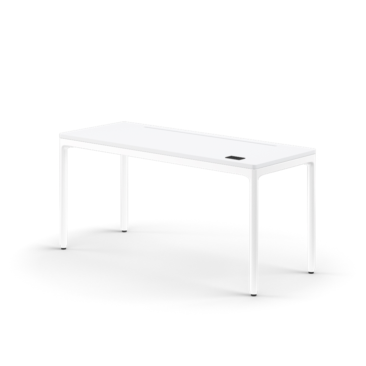 Side view of the Humanscale eFloat Quattro height adjustable 23"x58" desk with white base and white top. Kansas City Office Design.