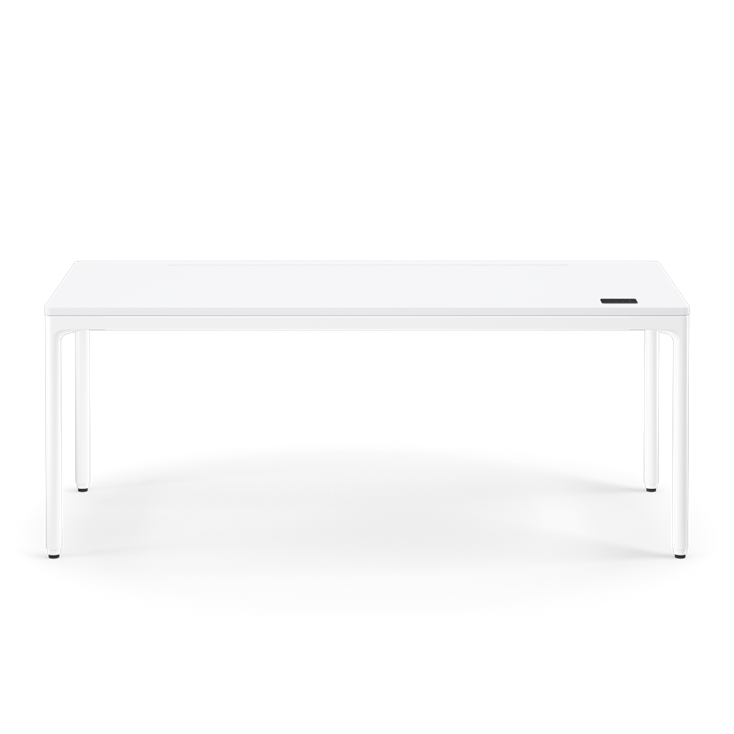 Front view of the Humanscale eFloat Quattro height adjustable 29"x70" desk with white base and white top. Kansas City Office Design.