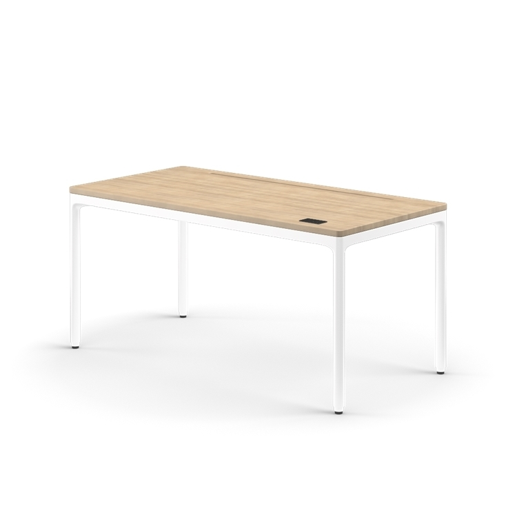 Side view of the Humanscale eFloat Quattro height adjustable 29"x58" desk with white base and white oak top. Kansas City Office Design.