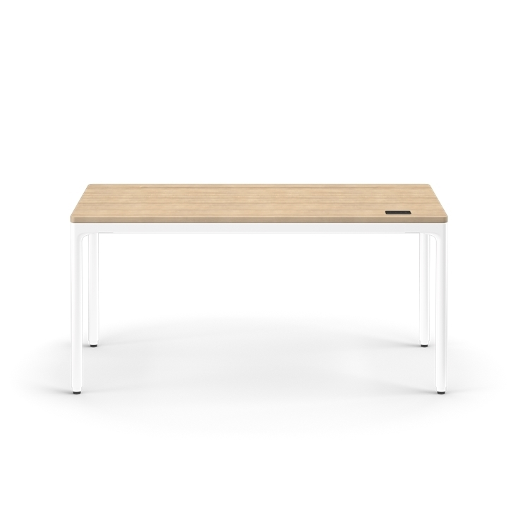 Front view of the Humanscale eFloat Quattro height adjustable 29"x58" desk with white base and white oak top. Kansas City Office Design.