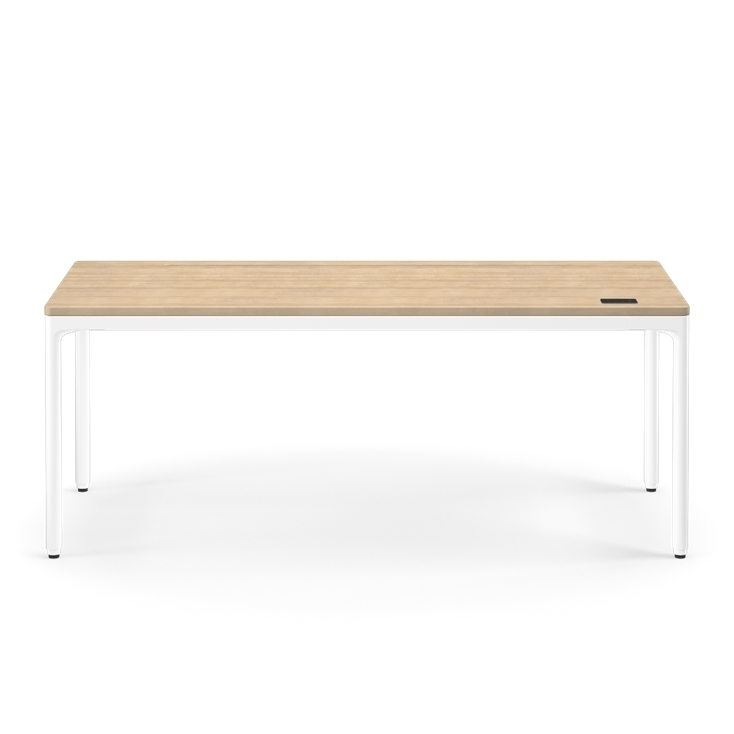 Front view of the Humanscale eFloat Quattro height adjustable 29"x70" desk with white base and white oak top. Kansas City Office Design.