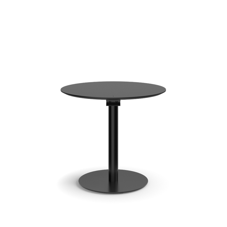 Humanscale Float Gather 30" Round Table in Black Base with Black Laminate Top in seating position. Kansas City Office Design.