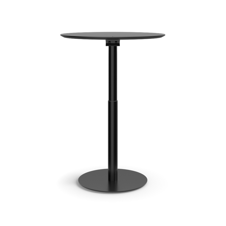 Humanscale Float Gather 30" Round Table in Black Base with Black Laminate Top in standing position. Kansas City Office Design.