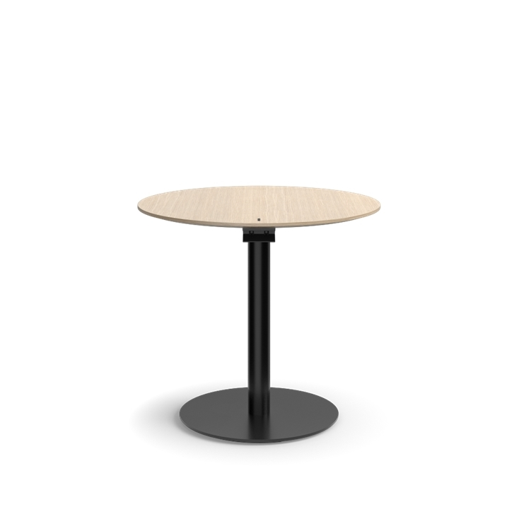 Humanscale Float Gather 30" Round Table in Black Base with White Oak Veneer Top in sitting position. Kansas City Office Design.