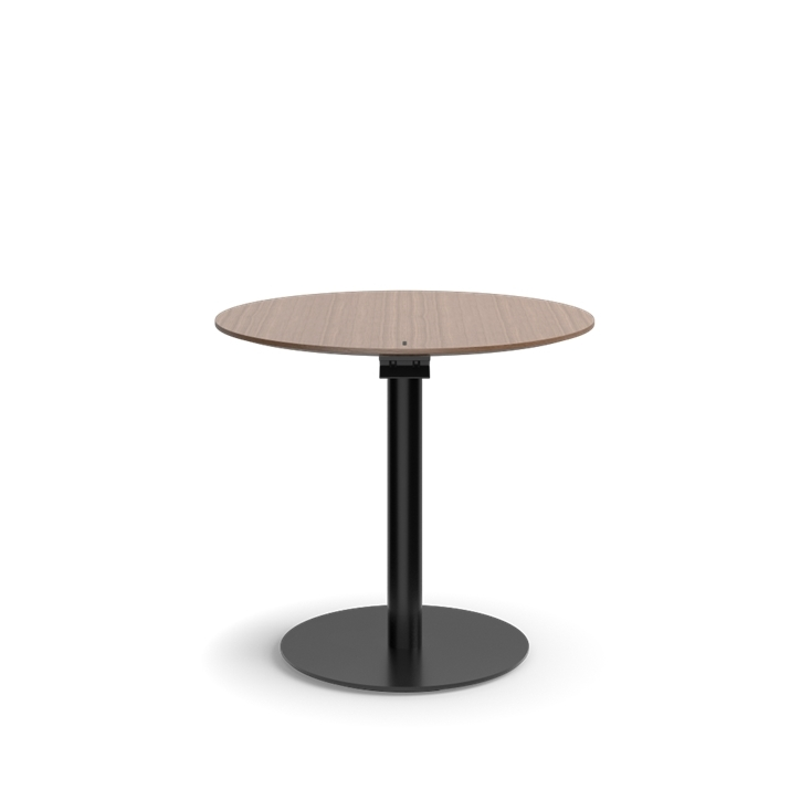Humanscale Float Gather 30" Round Table in Black Base with walnut Veneer Top in sitting position. Kansas City Office Design.
