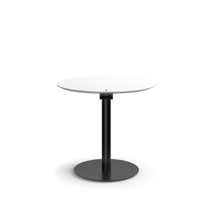 Humanscale Float Gather 30" Round Table in Black Base with white laminate Top in sitting position. Kansas City Office Design.