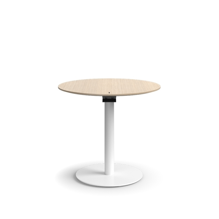 Humanscale Float Gather 30" Round Table in white Base with white oak veneer Top in sitting position. Kansas City Office Design.