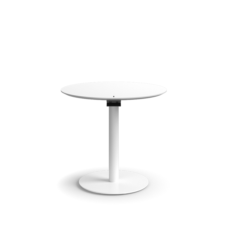 Humanscale Float Gather 30" Round Table in white Base with white laminate Top in sitting position. Kansas City Office Design.