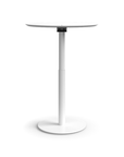 Humanscale Float Gather 30" Round Table in white Base with white laminate Top in standing position. Kansas City Office Design.