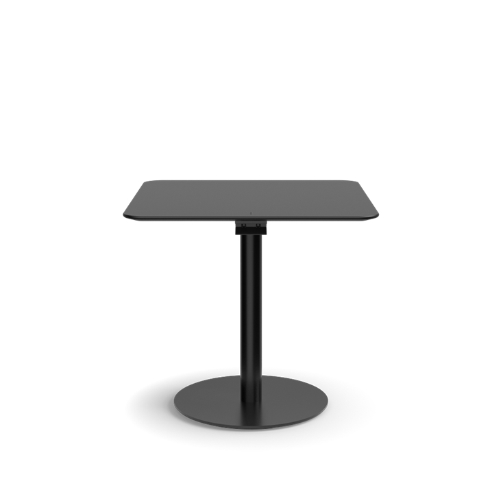 Humanscale Float Gather 30" square Table in black base with black laminate top in sitting position. Kansas City Office Design.
