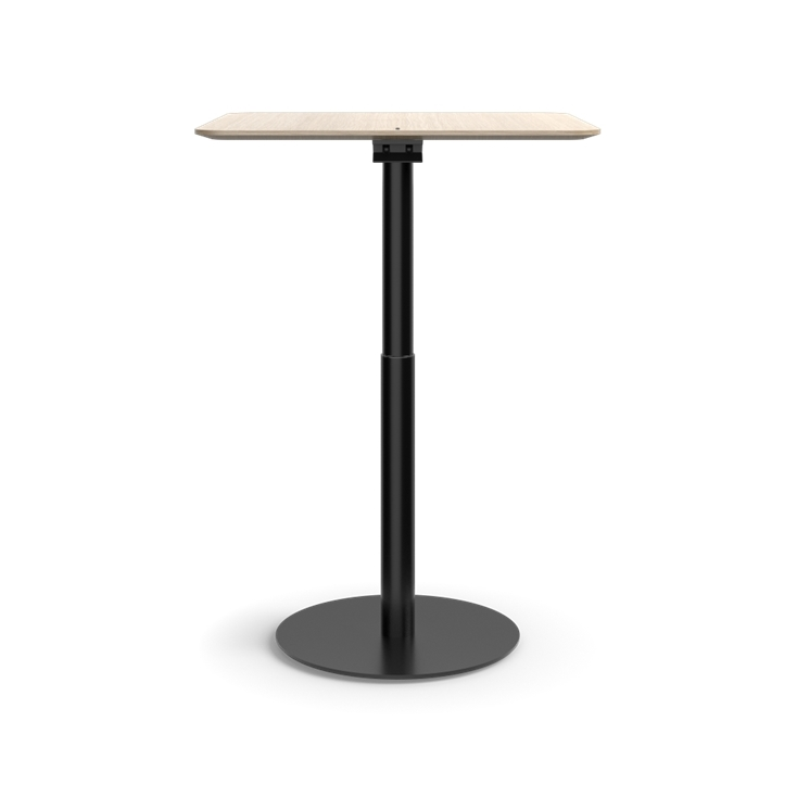 Humanscale Float Gather 30" square Table in black base with white oak veneer top in standing position. Kansas City Office Design.
