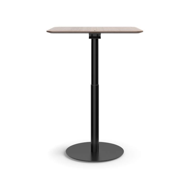 Humanscale Float Gather 30" square Table in black base with walnut veneer top in standing position. Kansas City Office Design.