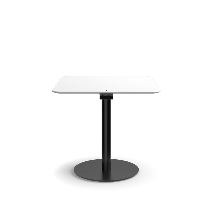 Humanscale Float Gather 30" square Table in black base with white laminate top in sitting position. Kansas City Office Design.