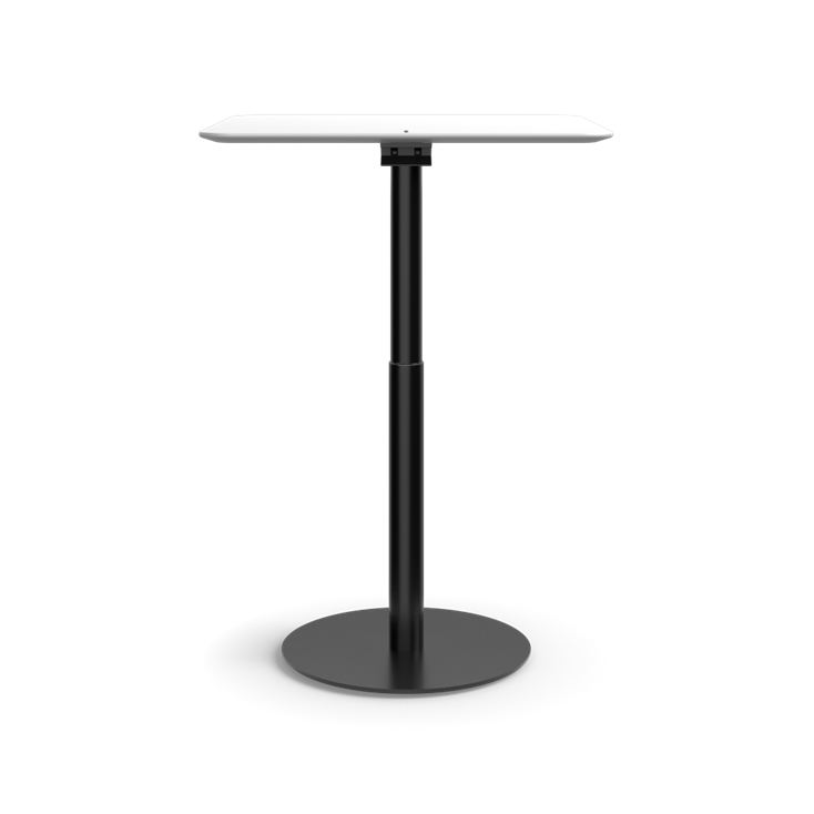Humanscale Float Gather 30" square Table in black base with white laminate top in standing position. Kansas City Office Design.