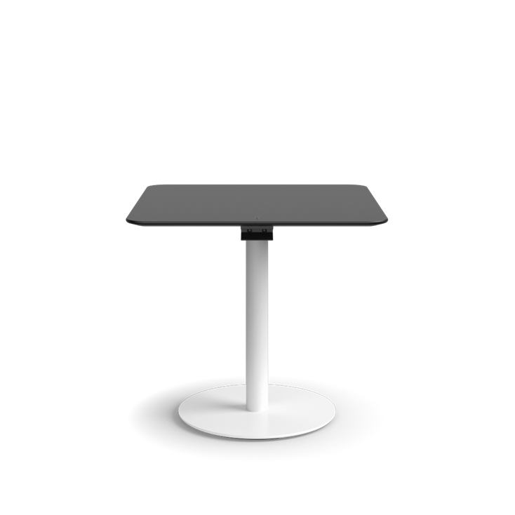 Humanscale Float Gather 30" square Table in white base with black laminate top in sitting position. Kansas City Office Design.
