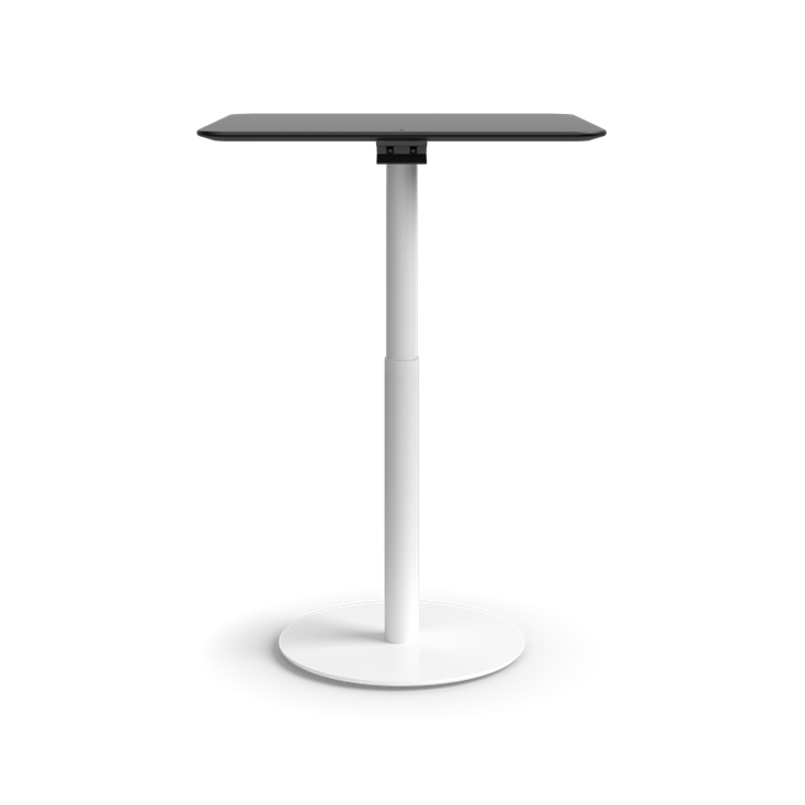 Humanscale Float Gather 30" square Table in white base with black laminate top in standing position. Kansas City Office Design.