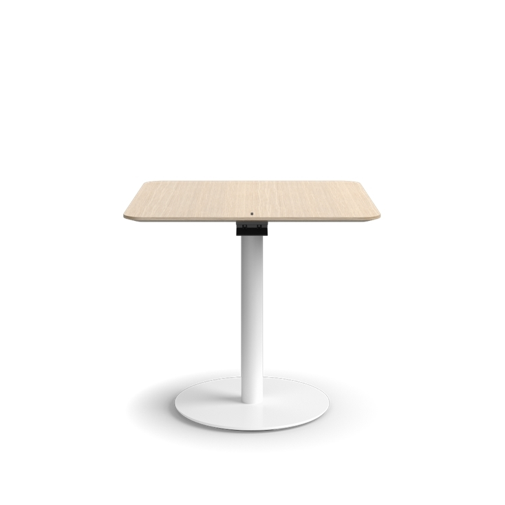 Humanscale Float Gather 30" square Table in white base with white oak veneer top in sitting position. Kansas City Office Design.