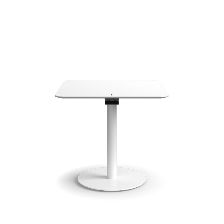 Humanscale Float Gather 30" square Table in white base with white laminate top in sitting position. Kansas City Office Design.