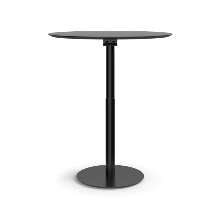 Humanscale Float Gather 36" round Table in black base with black laminate top in standing position. Kansas City Office Design.